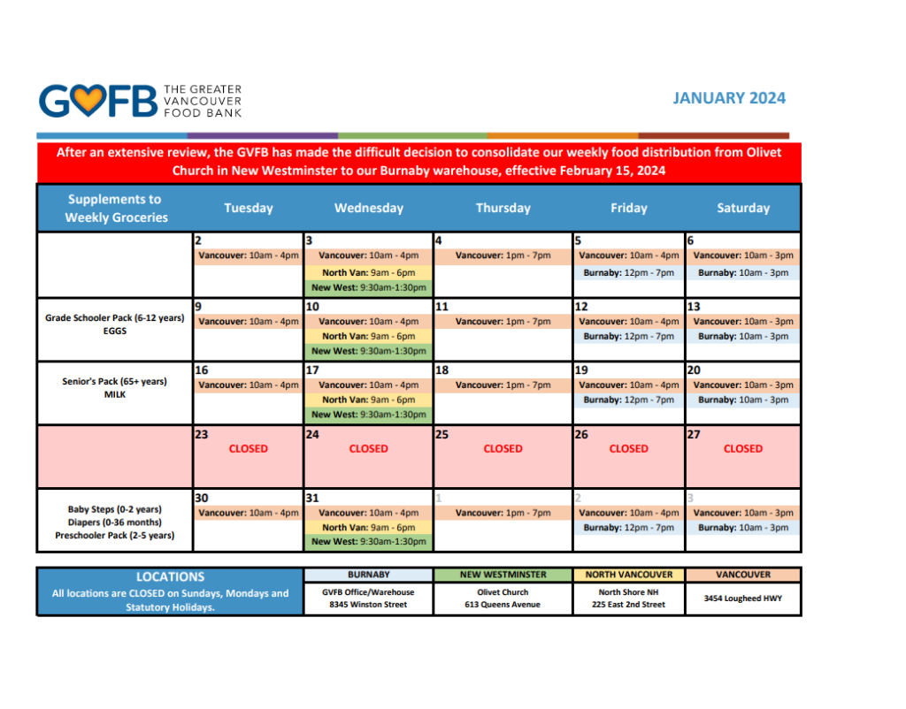 Locations and Schedule Greater Vancouver Food Bank