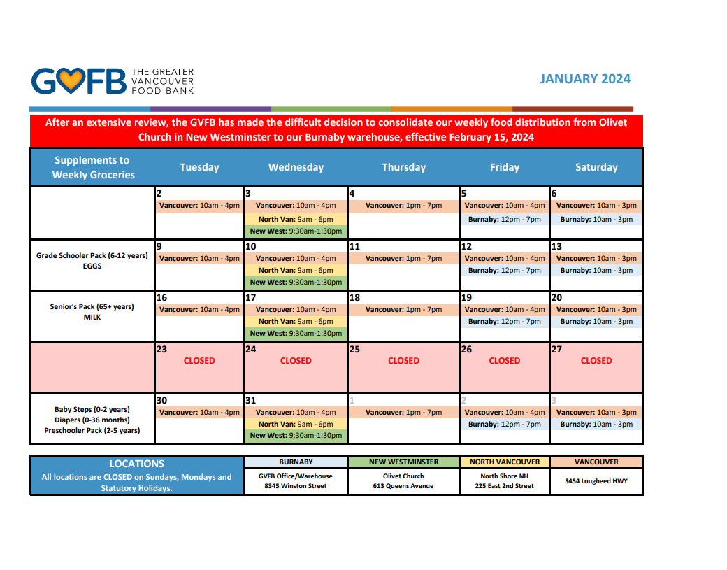 Locations and Schedule Greater Vancouver Food Bank