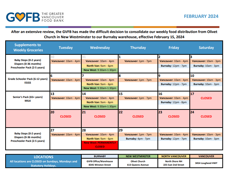 Locations and Schedule Greater Vancouver Food Bank