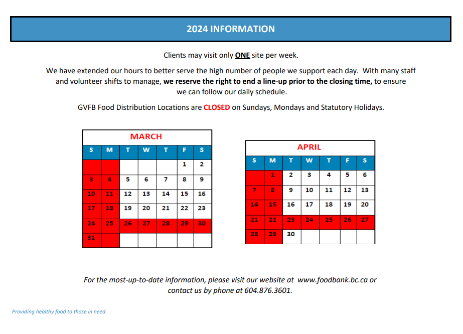 Locations and Schedule Greater Vancouver Food Bank