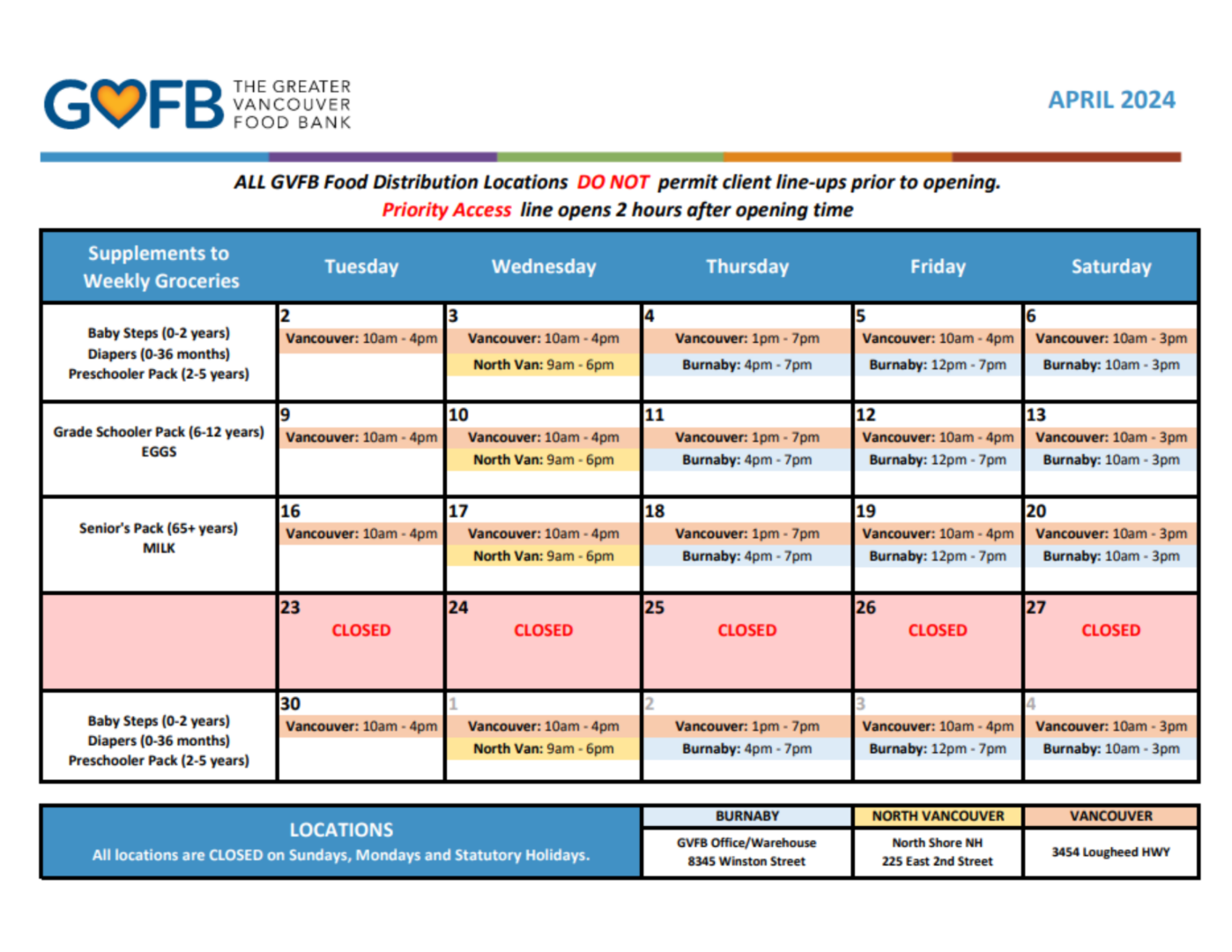 Locations and Schedule Greater Vancouver Food Bank